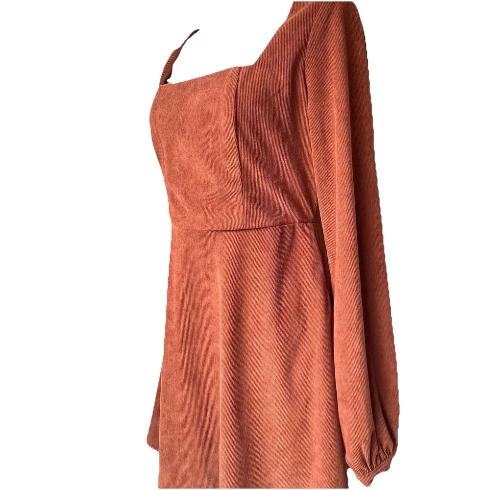 Franchescas Corduroy Babydoll Mini Dress Womens M Rust Brown Orange Square Neck - Picture 1 of 11